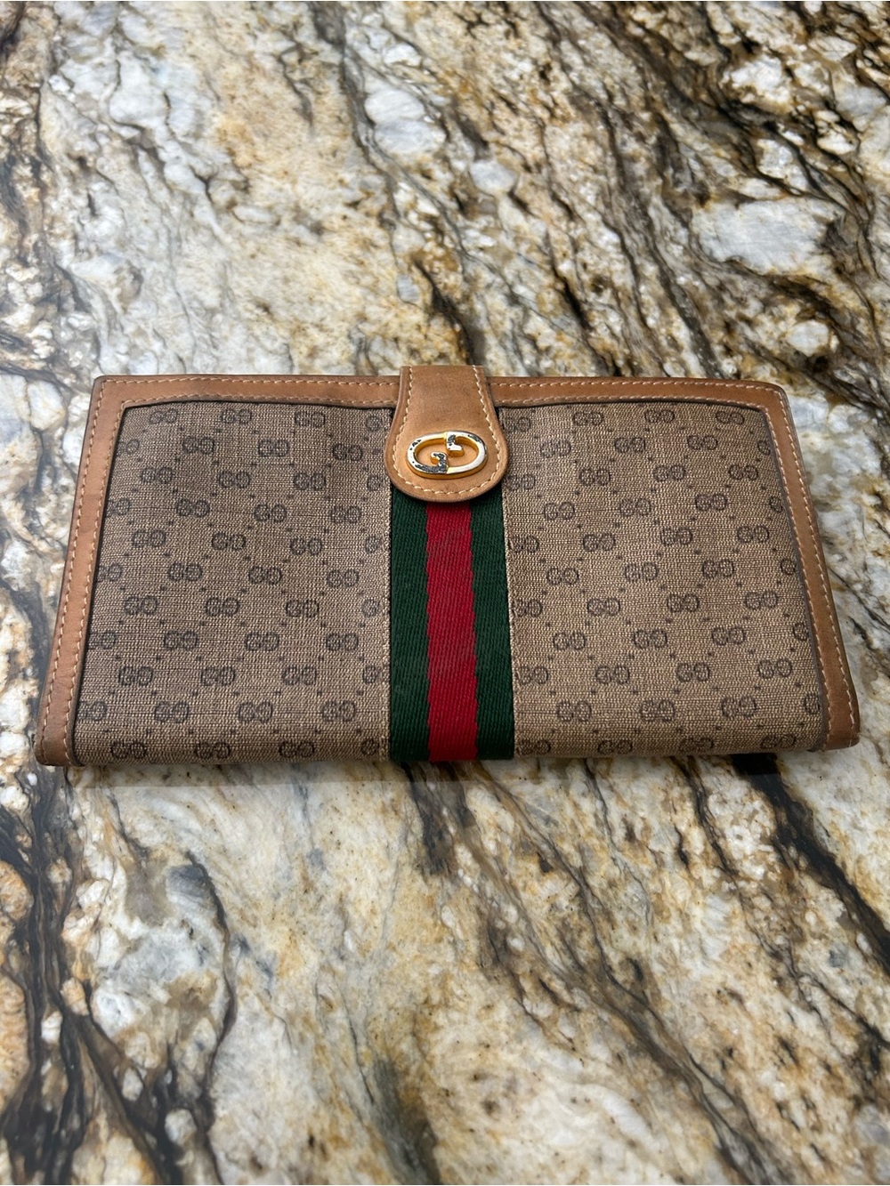 Vintage Gucci Brown GG Canvas Continental Wallet with Green and Red Webbing